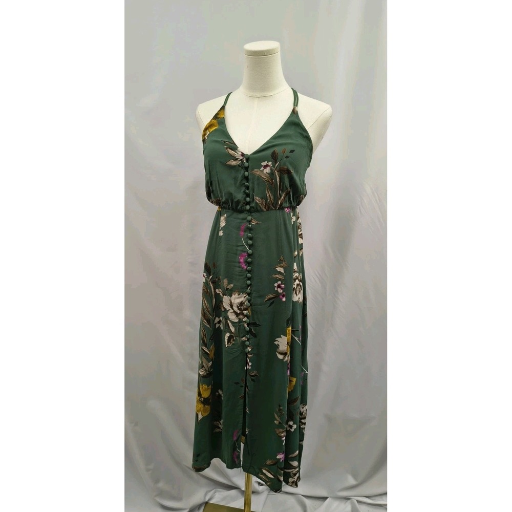 Urban Outfitters Dress Green Floral Rayon Midi Button Front Bare Cross Straps 2